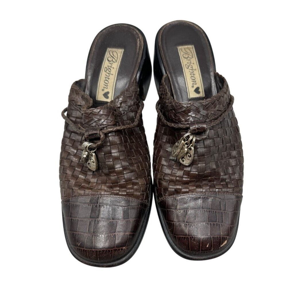 Vintage Brighton Womens Brown Woven Leather Mules With Charms Size 8